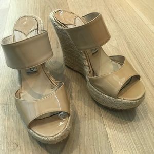 Jimmy Choo patent leather nude wedge sandals